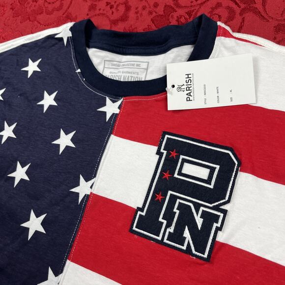 Parish Nation Mens XL Red Blue Tee Shirt USA Flag Stars Stripes 4th of July NWT - Picture 2 of 9
